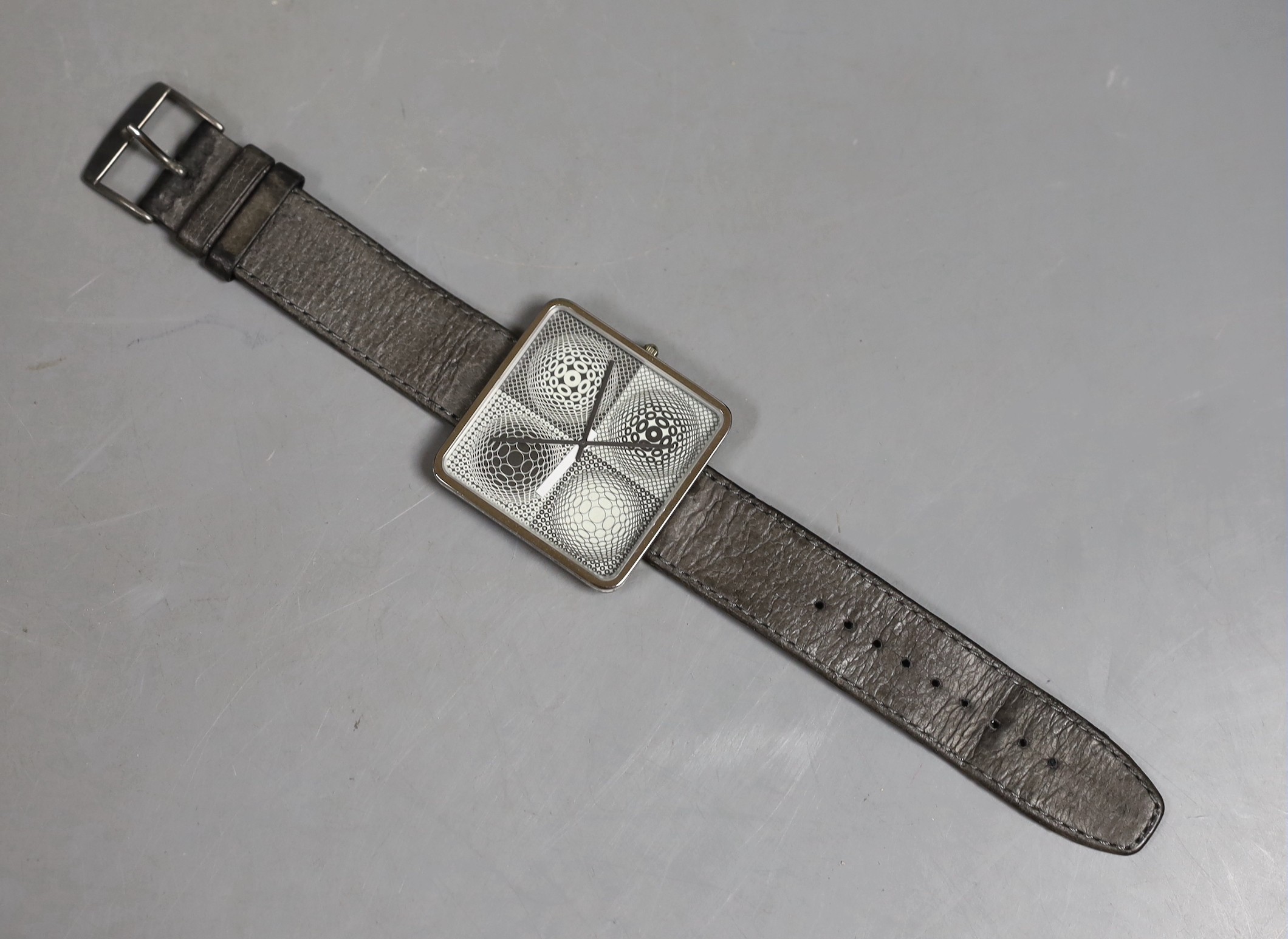 A modern Victor Vasarely for Bulova, Op Art 'Four Squares' quartz wrist watch, with box and papers.